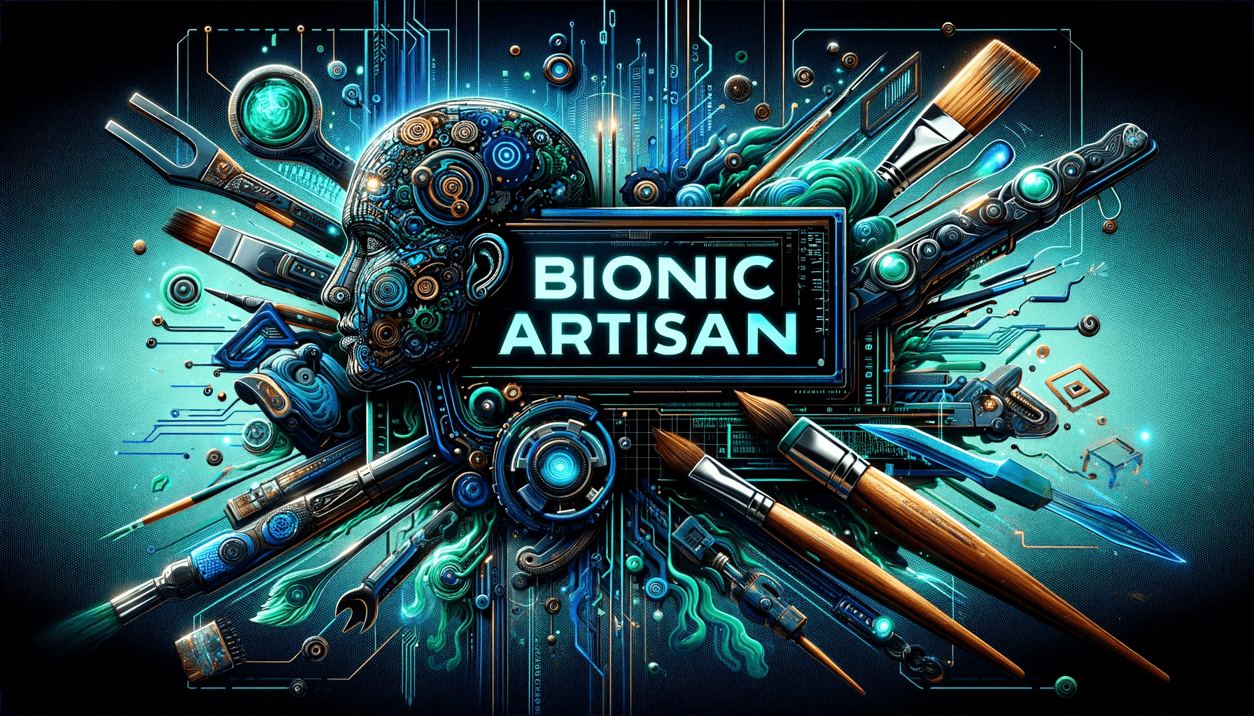 DALL·E 2023 11 28 04.04.21 A futuristic and cool WordPress banner for a website named Bionic Artisan. The banner should visually represent a blog about Artificial Intelligence 1